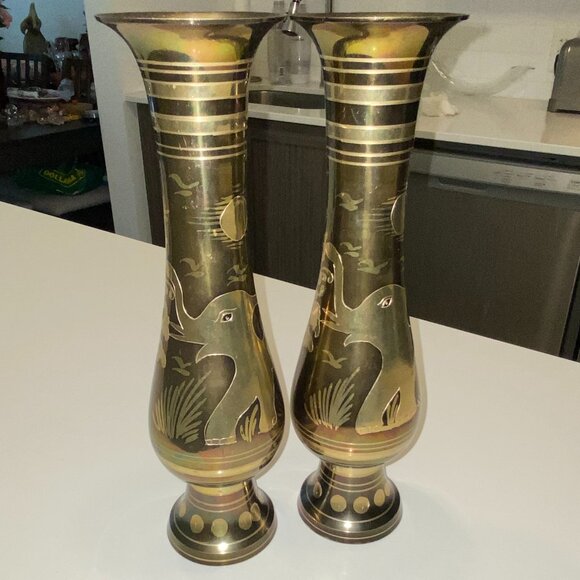 2 Brass Flower Bud Vases Etched Floral and Elephant on Reverse Matching - Picture 5 of 10